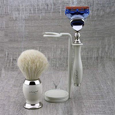 Traditional Ivory Colour Shaving Set for Men - 3 Pieces - Pure White Shaving Brush Badger Hair Gillette Fusion Razor Shaving Brush for Razors and Brushes Perfect for Wet Shaving - Great as a Gift