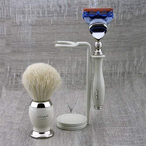 Traditional Ivory Colour Shaving Set for Men - 3 Pieces - Pure White Shaving Brush Badger Hair Gillette Fusion Razor Shaving Brush for Razors and Brushes Perfect for Wet Shaving - Great as a Gift