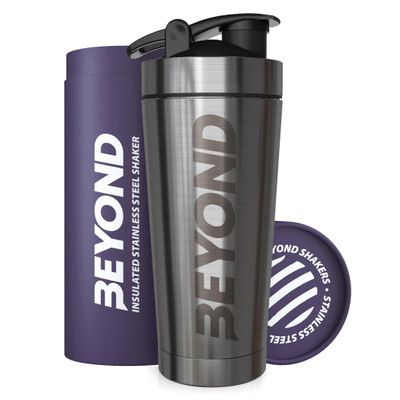 Beyond Shakers Insulated Metal Protein Shaker, Stainless Steel Supplement Bottle - BPA Free for Gym 735ml in Brushed Steel