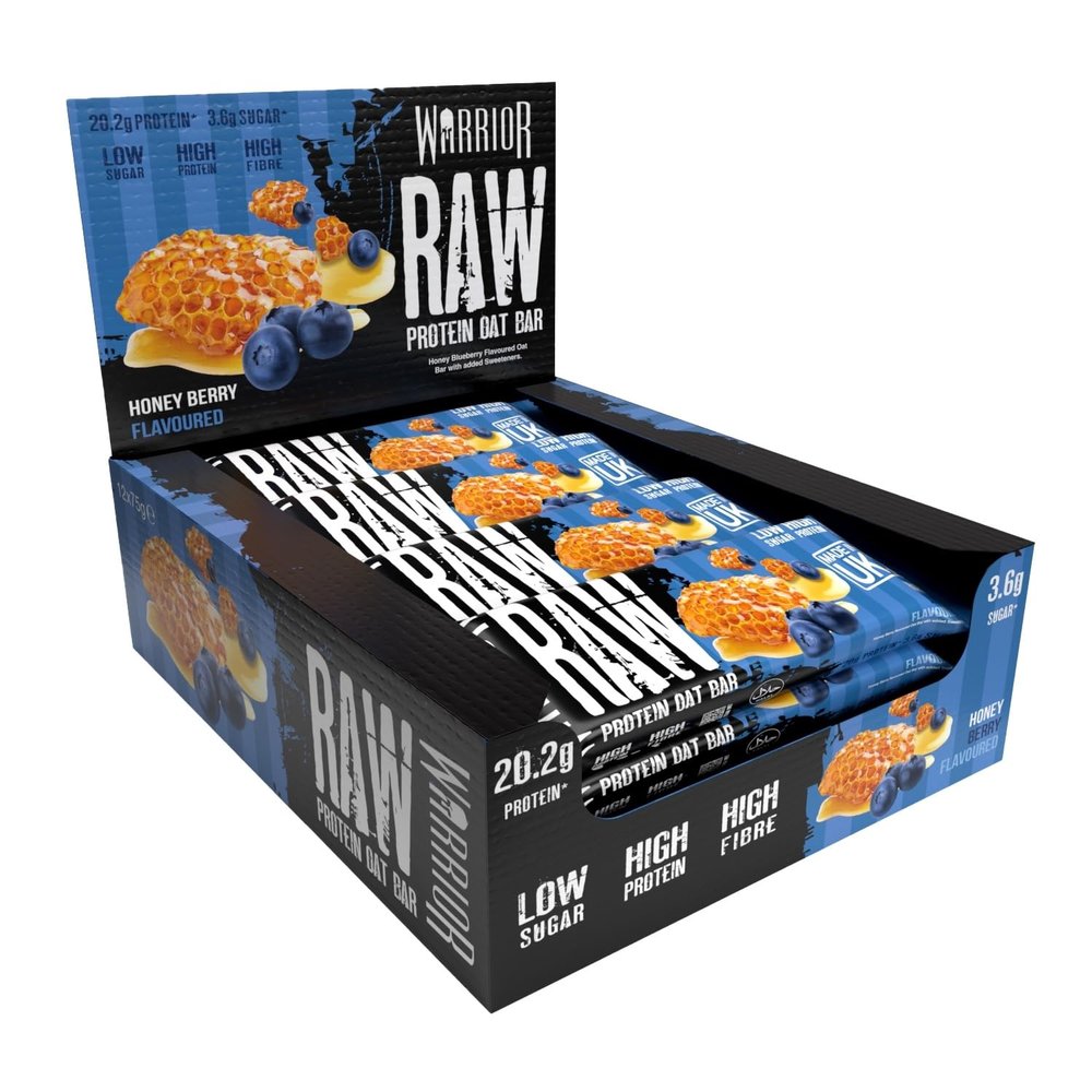 Warrior Raw Protein Bars 12 x 75g  High Protein Snacks, Honey Berry  High Fibre Breakfast Bar, Low Sugar Meal Replacement Bars, Healthy Snacks On-the-Go, Rolled Oats Flapjack Multipack