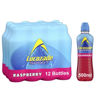 Lucozade Sport Raspberry - 12 Bottles x 500ml - Raspberry Flavour Isotonic Sports Drink - Made with Sugars & Sweeteners - Provides Electrolytes & Carbohydrates - Enhances Hydration & Fuels Performance