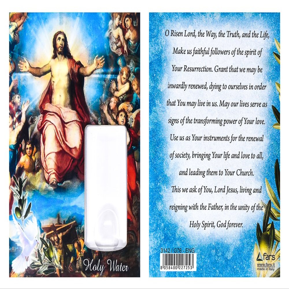 Catholic Gift Shop Ltd Holy Water VIAL, Christ is Risen Prayer Card, Holy Water Bottle + Lourdes Prayer Card.