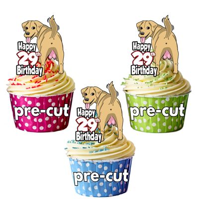 AK Giftshop PRECUT Funny Dogs Bollocks - Adults 29th Birthday - Edible Cupcake Toppers/Cake Decorations (Pack of 12)