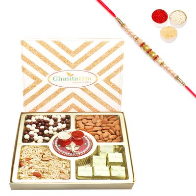 Ghasitaram Gifts Rakhi Gifts for Brothers Rakhi Chocolate Rakhi Hampers -Ghasitaram Special Almonds, Namkeen, Nutties and Chocolate Box with Mini Pooja Thali with Pearl Rakhi