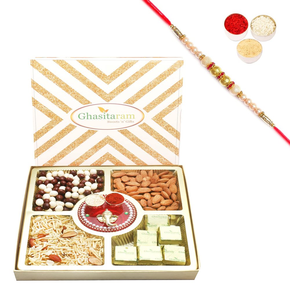Ghasitaram Gifts Rakhi Gifts for Brothers Rakhi Chocolate Rakhi Hampers -Ghasitaram Special Almonds, Namkeen, Nutties and Chocolate Box with Mini Pooja Thali with Pearl Rakhi