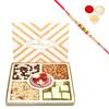 Ghasitaram Gifts Rakhi Gifts for Brothers Rakhi Chocolate Rakhi Hampers -Ghasitaram Special Almonds, Namkeen, Nutties and Chocolate Box with Mini Pooja Thali with Pearl Rakhi view 1
