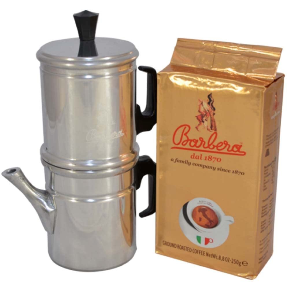 Barbera Neapolitan Moka 3-Cup Silver Aluminium Coffee Pot + 250g Maghetto Ground Coffee