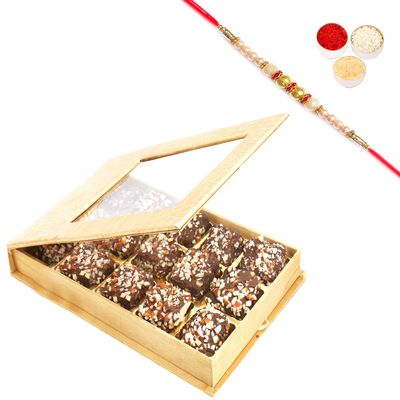 Ghasitaram Gifts Rakhi Gifts for Brothers Rakhi Chocolate Leather Finish 15 pcs English Brittles Chocolates Box with Pearl Rakhi