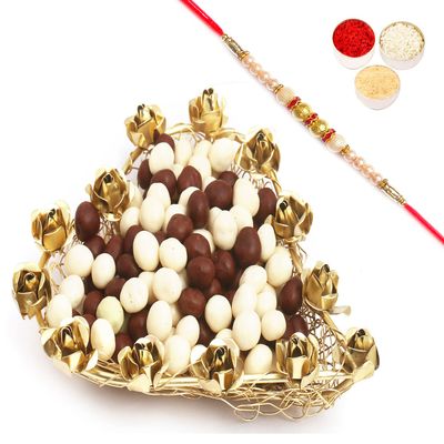 Ghasitaram Gifts Rakhi Gifts for Brothers Rakhi Chocolate Mesh Heart Nutties Tray with Pearl Rakhi