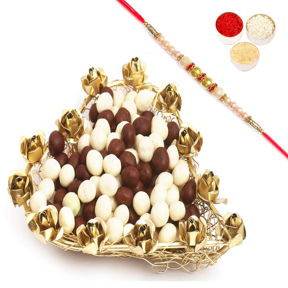 Ghasitaram Gifts Rakhi Gifts for Brothers Rakhi Chocolate Mesh Heart Nutties Tray with Pearl Rakhi