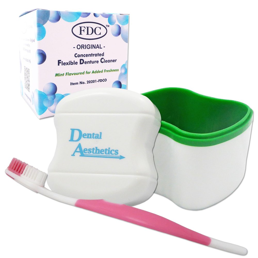 FDC Sachets, Denture Bath & Silicone Brush (Pink Brush, Green Bath)