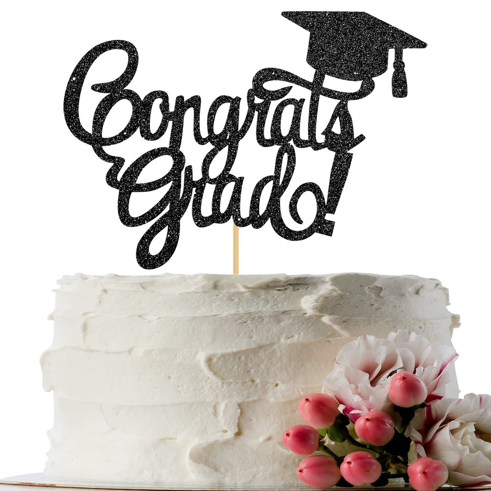 INNORU Congrats Grad Cake Topper - Black Glitter Class of 2020 Graduate Party Decorations Supplies - High School Graduation, College Graduate Cake Topper
