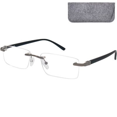 Mini Brille - Rimless Reading Glasses with Rectangle Lenses, Including FREE Case, Stainless Steel Frame (Black), Women and Men Reading Glasses +1.50 Magnification