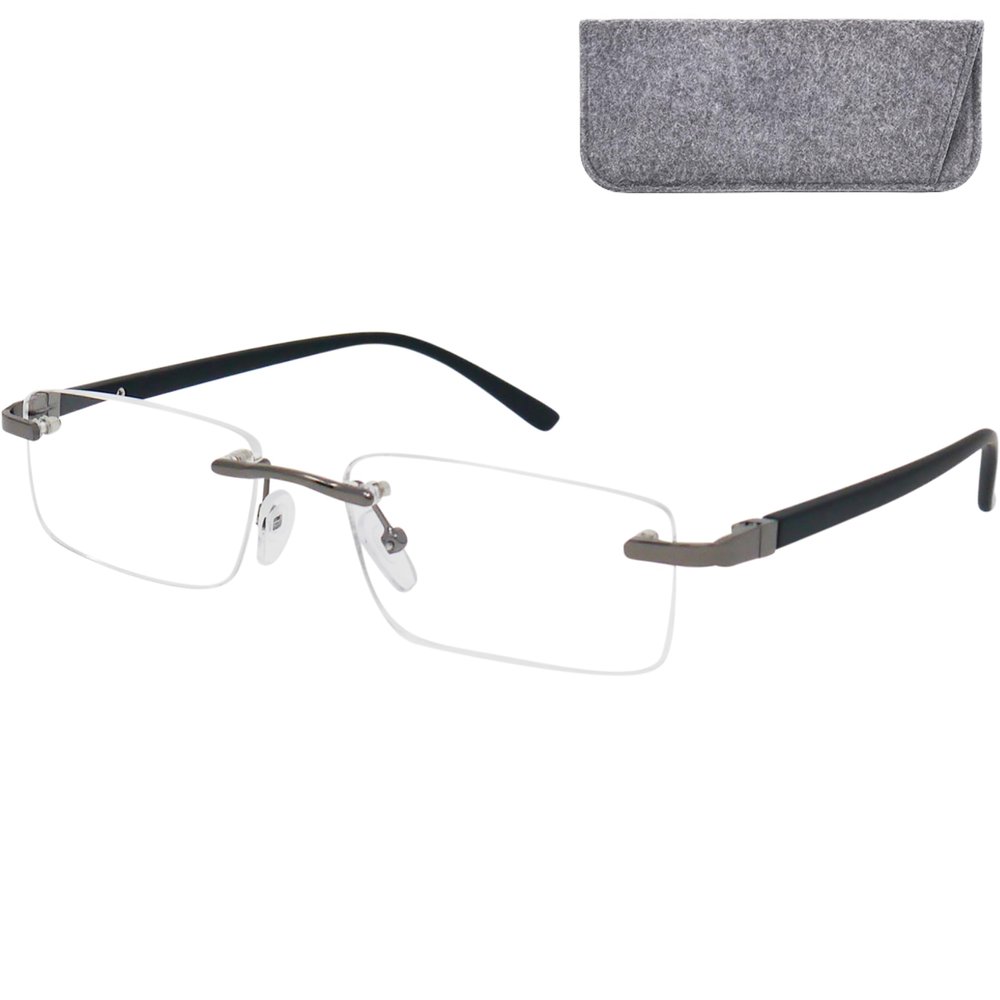 Mini Brille - Rimless Reading Glasses with Rectangle Lenses, Including FREE Case, Stainless Steel Frame (Black), Women and Men Reading Glasses +1.50 Magnification