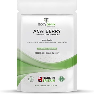 Bodygenix Acai Berry Capsules - 600mg Antioxidant Energy Metabolic Digestion Skin Heart Health Support - 120 Caps Natural Food Supplement 4 Month Supply