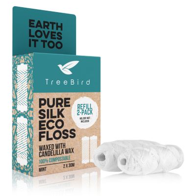 Biodegradable Dental Floss Refills 2-pack | For Refillable Glass Holder | Naturally Waxed With Candelilla Wax | 100% Compostable | Natural Silk Spools of 66 yds/60m | Eco-Friendly Zero Waste Oral Care
