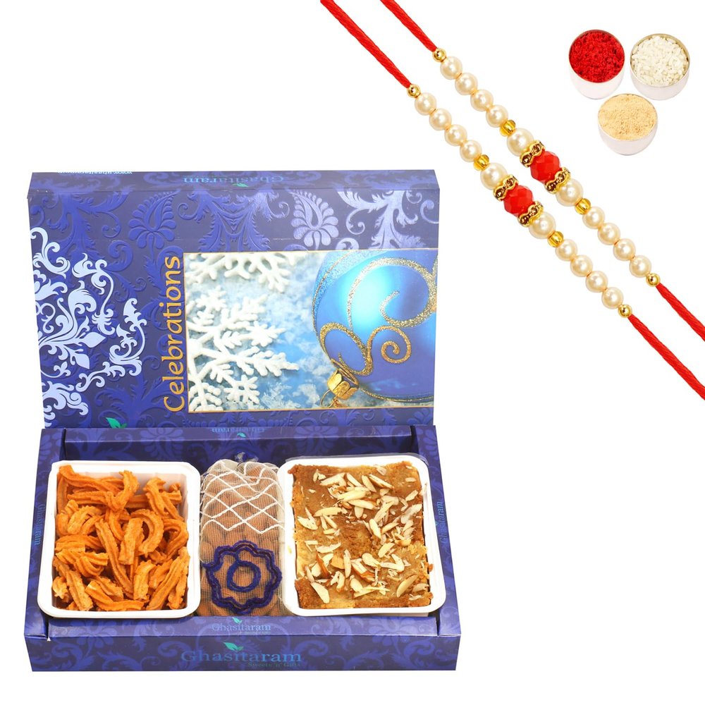 Ghasitaram Gifts Rakhi Gifts for Brothers Rakhi Sweets - Mysore Pak,SOYA Sticks and Almonds Pouch Hamper with 2 Pearl Beads Rakhis