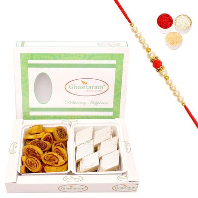 Ghasitaram Gifts Rakhi Gifts for Brothers Rakhi Sweets - Bhakar Wadi and Kaju Katli Hamper with Pearl Beads Rakhi