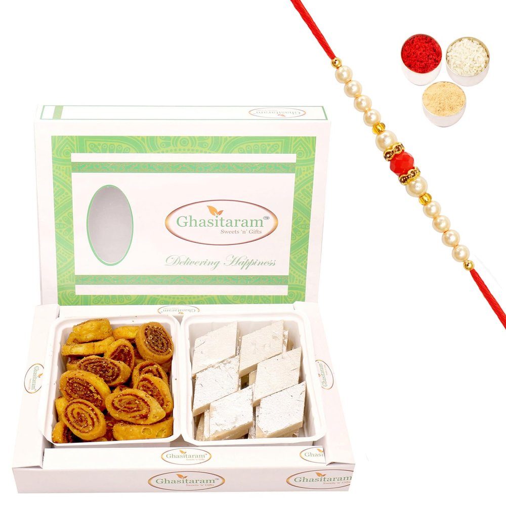 Ghasitaram Gifts Rakhi Gifts for Brothers Rakhi Sweets - Bhakar Wadi and Kaju Katli Hamper with Pearl Beads Rakhi