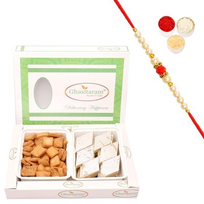 Ghasitaram Gifts Rakhi Gifts for Brothers Rakhi Sweets - Shakar Pada and Kaju Katli Hamper with Pearl Beads Rakhi