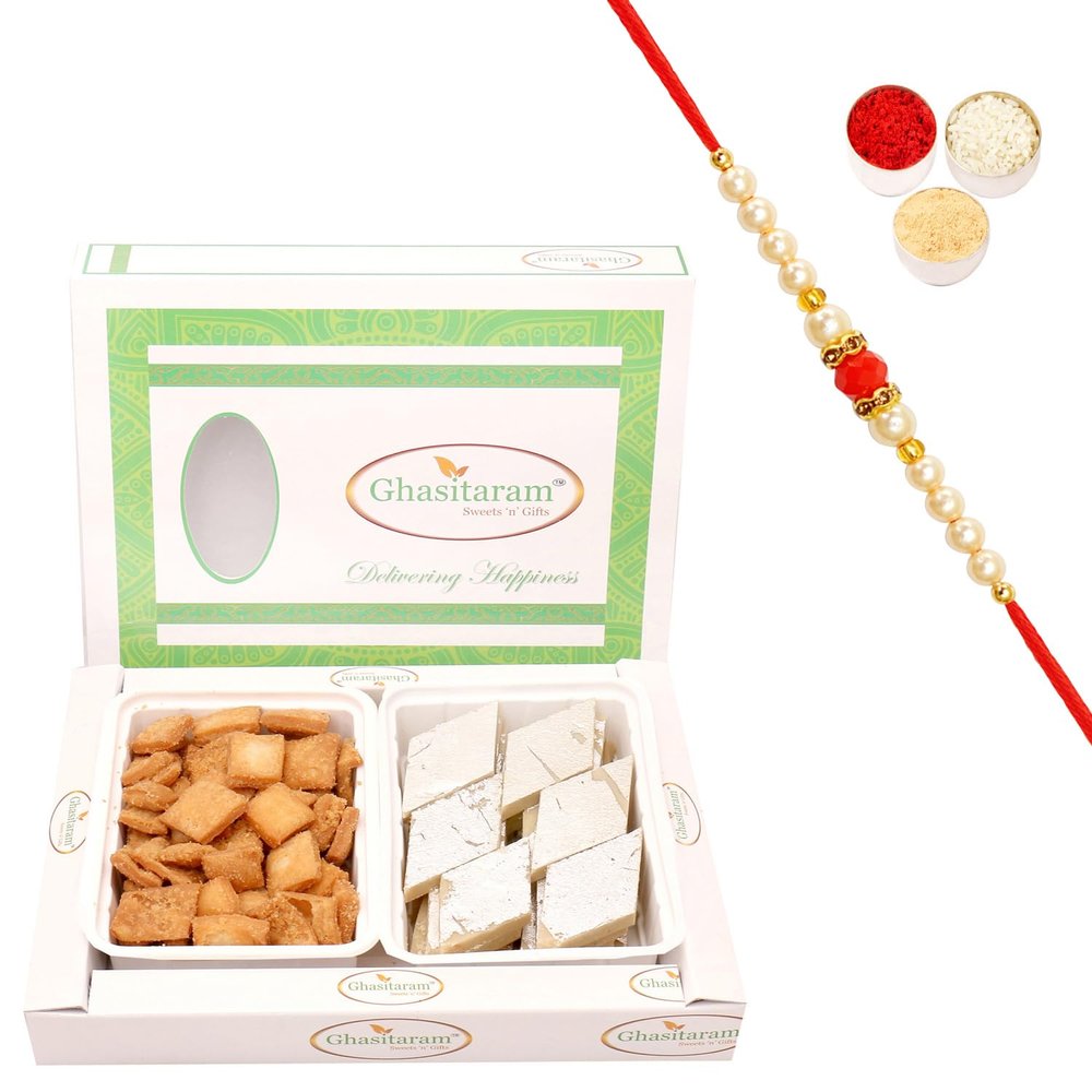 Ghasitaram Gifts Rakhi Gifts for Brothers Rakhi Sweets - Shakar Pada and Kaju Katli Hamper with Pearl Beads Rakhi