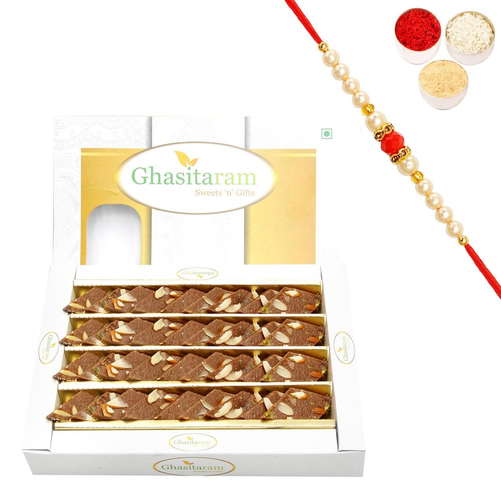 Ghasitaram Gifts Rakhi Gifts for Brothers Rakhi Sweets - Ghasitarams Sweets Chocolate Kaju Katli 400 GMS with Beads Rakhi