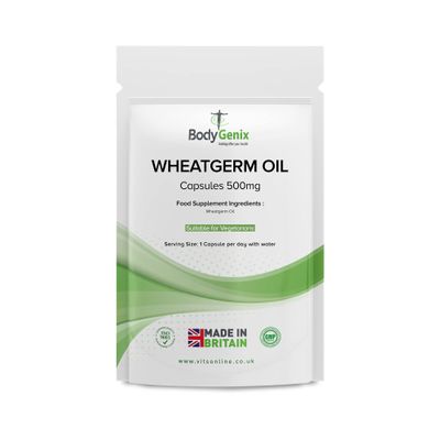Bodygenix Wheatgerm Oil Capsules - 500mg Antioxidant Formula Heart Skin Joints Immune System Support Fibre Source Nutrient Rich Natural Vegan Friendly Supplement - 30 Caps 1 Month Supply