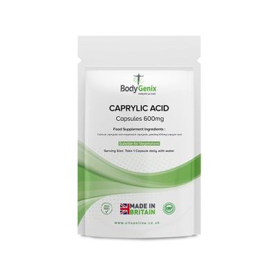 BodyGenix Caprylic Acid Capsules - 600mg Candida Cleanse Digestive Health Heart Skin Brain Immune System Support - 60 Caps Vegan Food Supplement 2 Month Supply