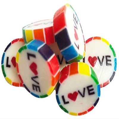 100 Rainbow Pride Sweets with LOVE in the middle in Pink Lemonade Flavour Red Heart