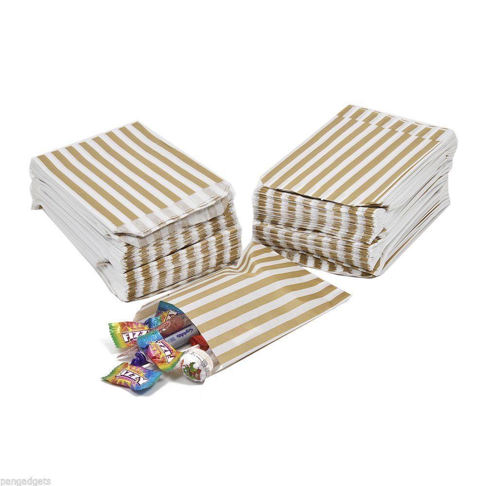 100 - Striped Candy Paper Bags for Sweet Flavor Buffet Wedding Cake Gift Shop (5'' X 7'') (Gold, Qty: 100 Bags)