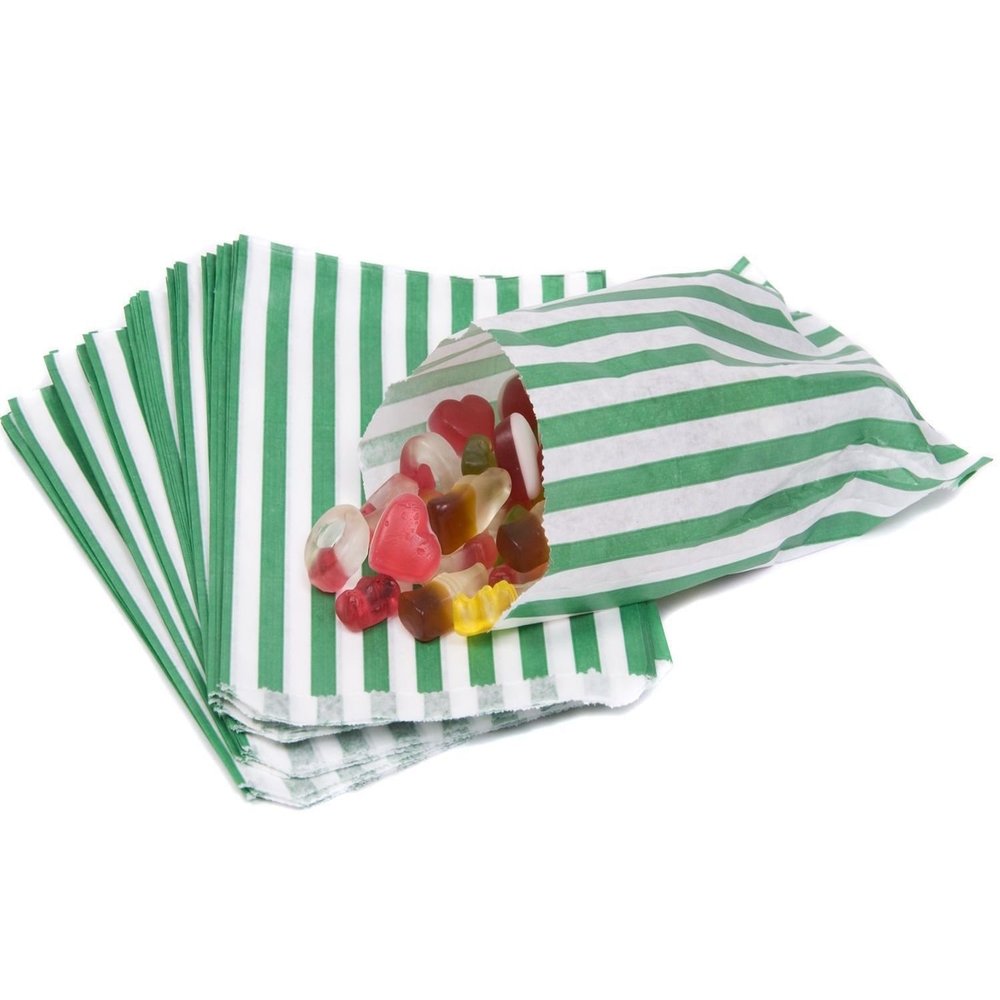 100 - Striped Candy Paper Bags for Sweet Flavor Buffet Wedding Cake Gift Shop (5'' X 7'') (Green, Qty: 100 Bags)
