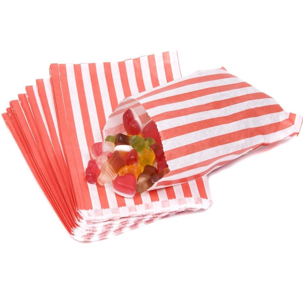 100 - Striped Candy Paper Bags for Sweet Flavor Buffet Wedding Cake Gift Shop (5'' X 7'') (Red, Qty: 100 Bags)