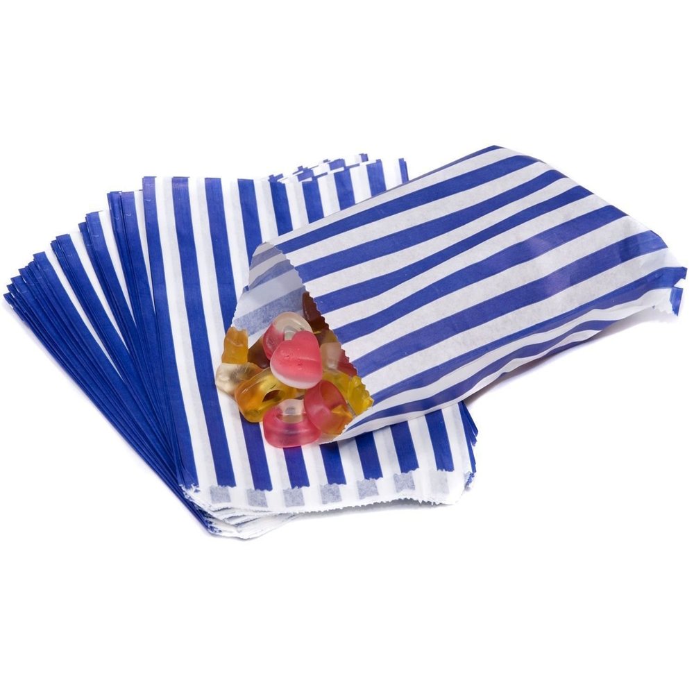 100 - Striped Candy Paper Bags for Sweet Flavor Buffet Wedding Cake Gift Shop (5'' X 7'') (Dark Blue, Qty: 100 Bags)