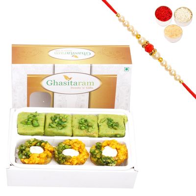 Ghasitaram Gifts Rakhi for Brother Assorted Box of Pista Barfi, Kesar Pista Delight, Choco Boat and Besan Barfi (200 gm) with Pearl Rakhi