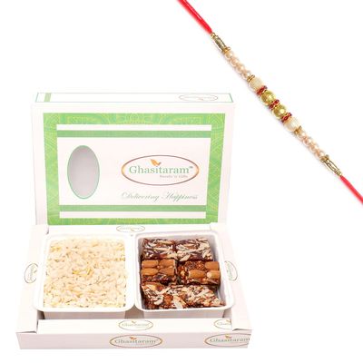 Ghasitaram Gifts Rakhi Gifts for Brothers Diet Chiwda Namkeen and Natural Sugarfree Mix Hamper with Pearl Rakhi