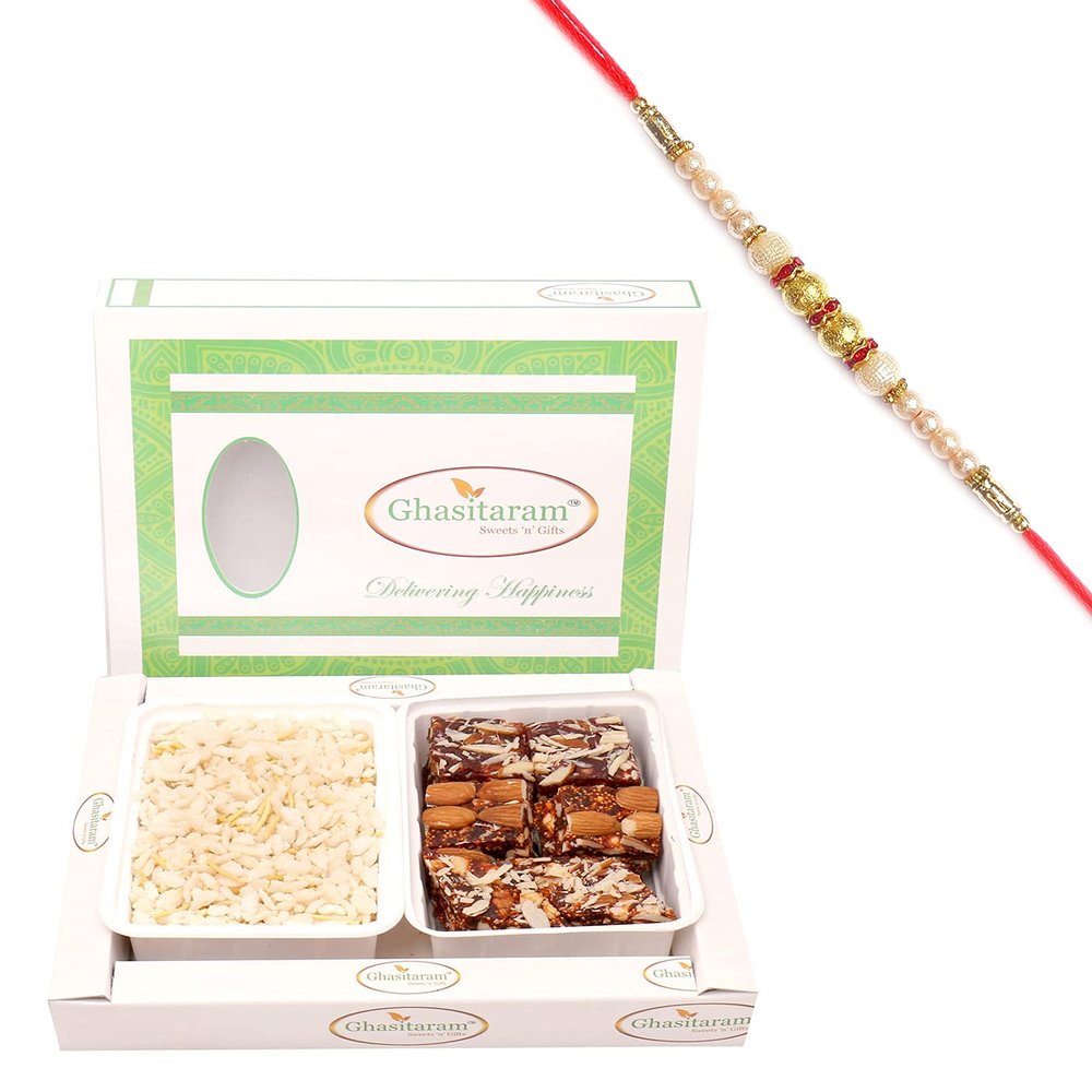 Ghasitaram Gifts Rakhi Gifts for Brothers Diet Chiwda Namkeen and Natural Sugarfree Mix Hamper with Pearl Rakhi