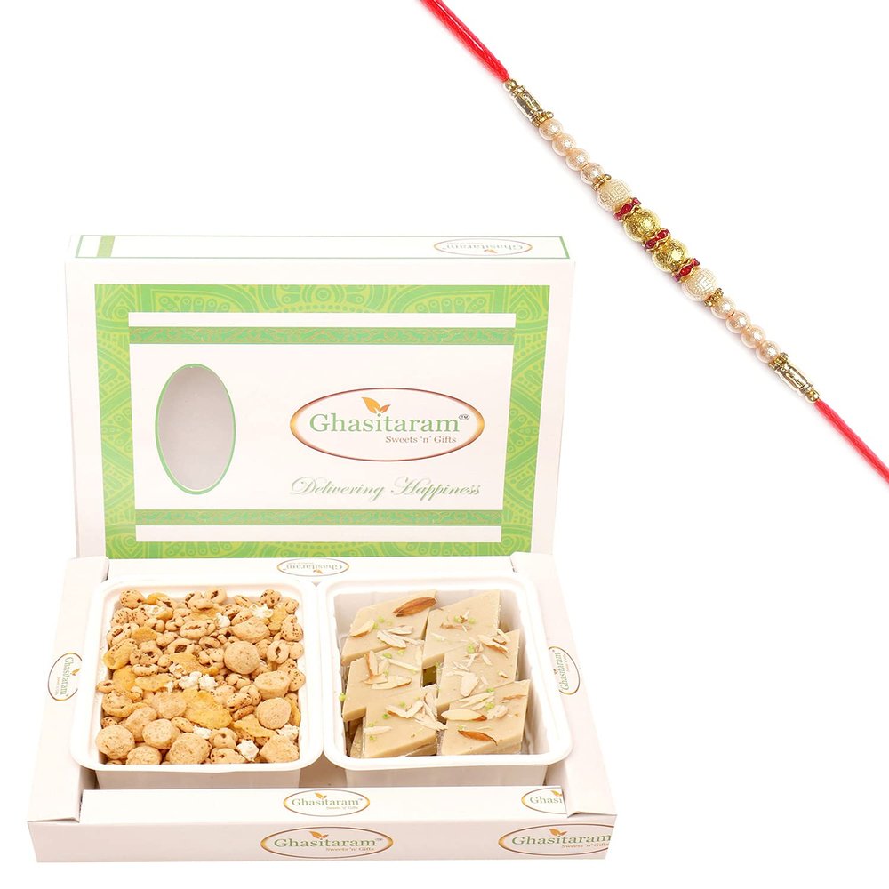 Ghasitaram Gifts Rakhi Gifts for Brothers Multigrain Mix Namkeen and Sugarfree Kaju Katli Hamper with Pearl Rakhi