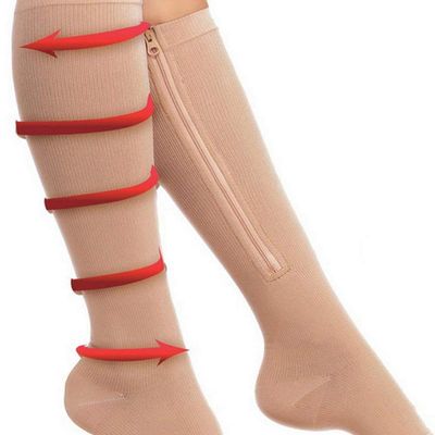 2-Pack Zipper Compression Socks for Men/Women with Open Toe, Knee High 20-30mmHg Compression Support Hose - Beige - L/XL