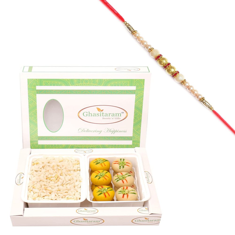 Ghasitaram Gifts Rakhi Gifts for Brothers Diet Chiwda Namkeen Abd Sugarfree Mawa Peda Hamper with Pearl Rakhi