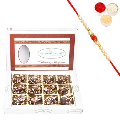Ghasitaram Gifts Rakhi Gifts for Brothers Rakhi Sweets - Choco Dates in White Box with Beads Rakhi