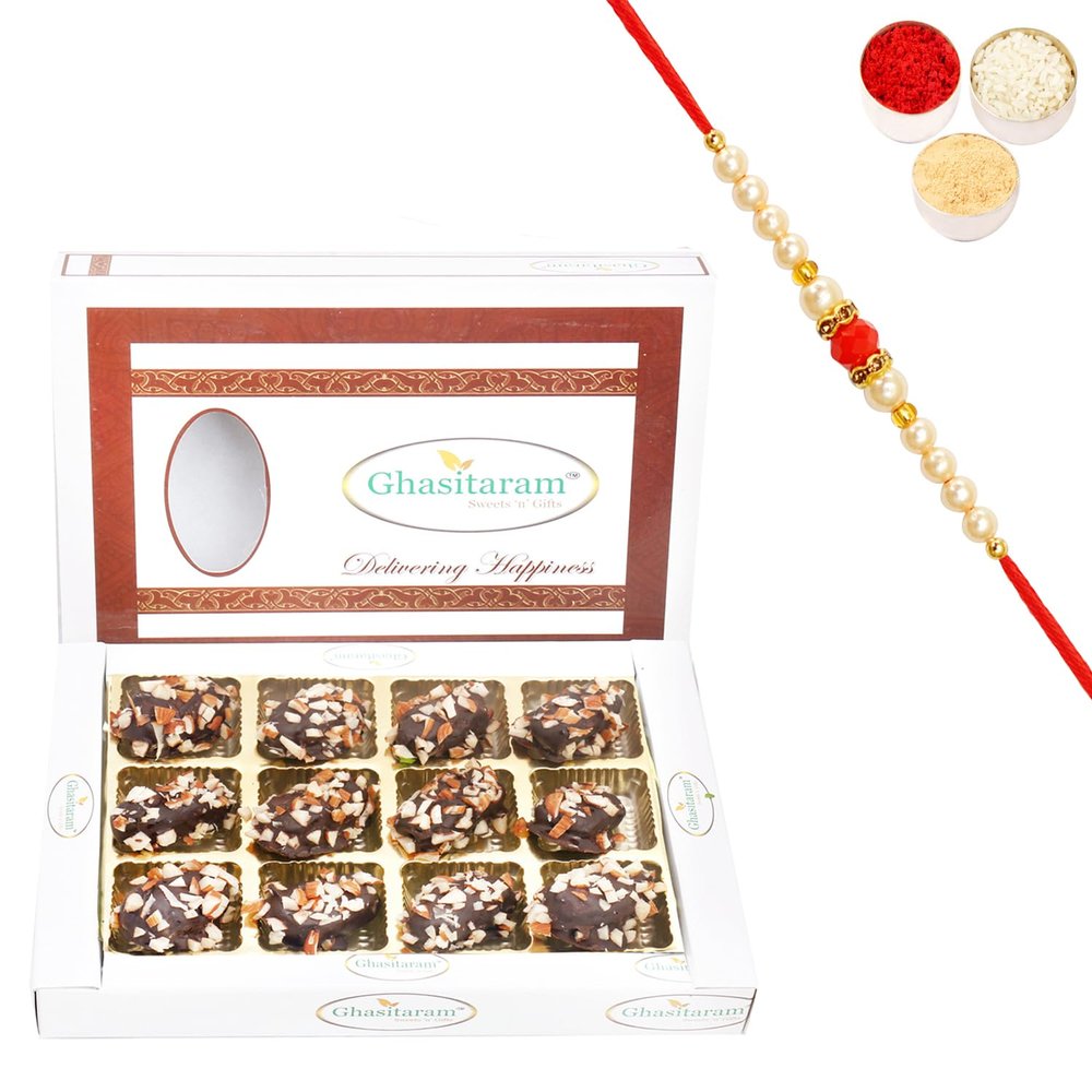 Ghasitaram Gifts Rakhi Gifts for Brothers Rakhi Sweets - Choco Dates in White Box with Beads Rakhi