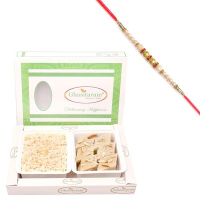 Ghasitaram Gifts Rakhi Gifts for Brothers Diet Chiwda Namkeen and Sugarfree Kaju Katli Hamper with Pearl Rakhi