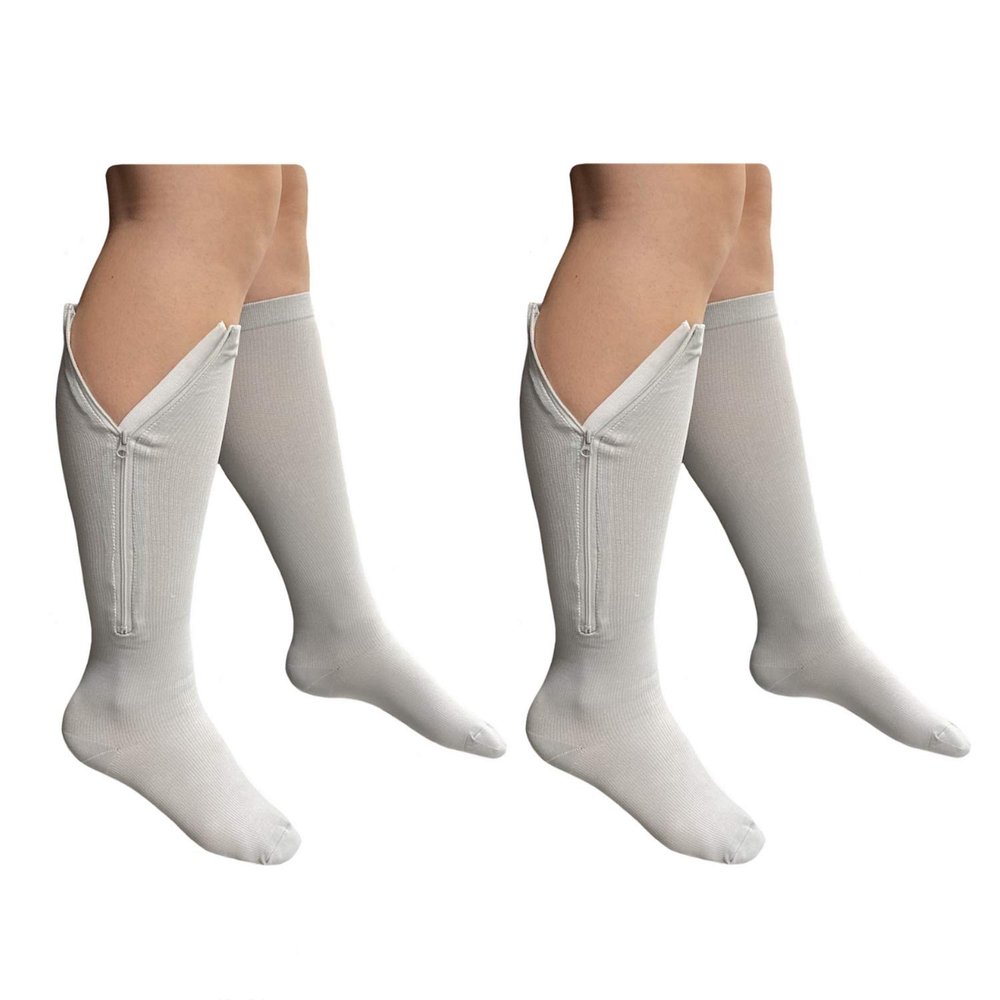 HealthyNees 2 Pairs Set Combo Closed Toe 15-20 mmHg Zipper Compression Socks Leg Fatigue Calf Circulations Support Grey (L/XL)