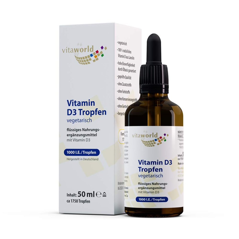 3 Pack Vita World Vitamin D3 Drops 1,000 I.E. (3 x 50 ml) from Lanolin high bioavailability Oil Base Made in Germany