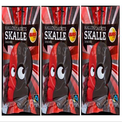 Bubs Godis Hallonlakritsskalle - Raspberry/Liquorice Skull - Original Swedish Licorice Wine Gum Candy Bag 90g, 3-Pack