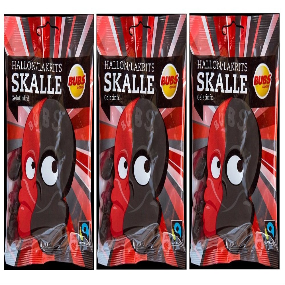 Bubs Godis Hallonlakritsskalle - Raspberry/Liquorice Skull - Original Swedish Licorice Wine Gum Candy Bag 90g, 3-Pack