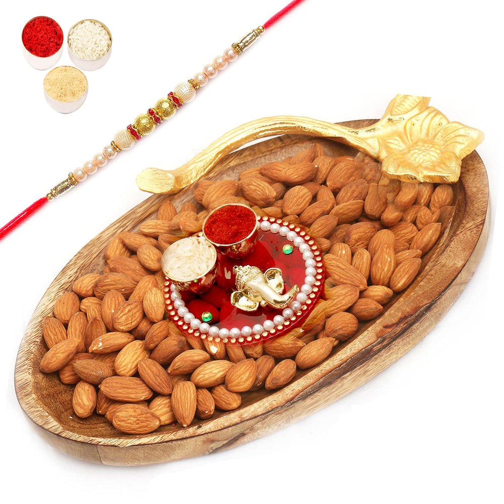 Ghasitaram Gifts Rakhi Gifts for Brothers Wooden Almond Platter with Mini Pooja Thali with Pearl Rakhi