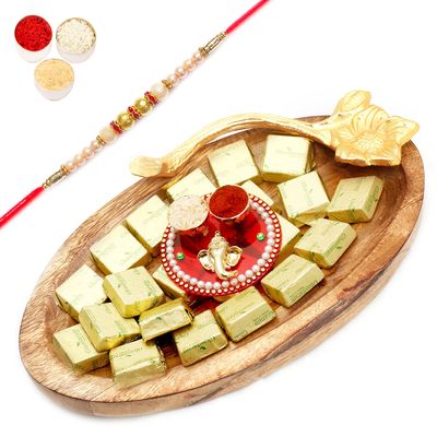 Ghasitaram Gifts Rakhi Gifts for Brothers Wooden Chocolate Platter with Mini Pooja Thali with Pearl Rakhi