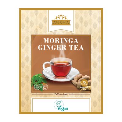 Ausha Moringa Ginger Tea Bags - 20 Bags - Caffeine Free - Digestion, Immunity - Source of Protein, Amino Acids, Antioxidants, Dietary Fibre, Vitamins & Minerals - Moringa tea Bags