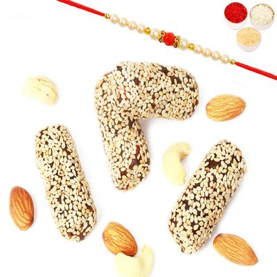 Ghasitaram Gifts Rakhi Gifts for Brothers Sugarfree Khajoor/ Dates Roll 400 GMS with Beads Rakhi